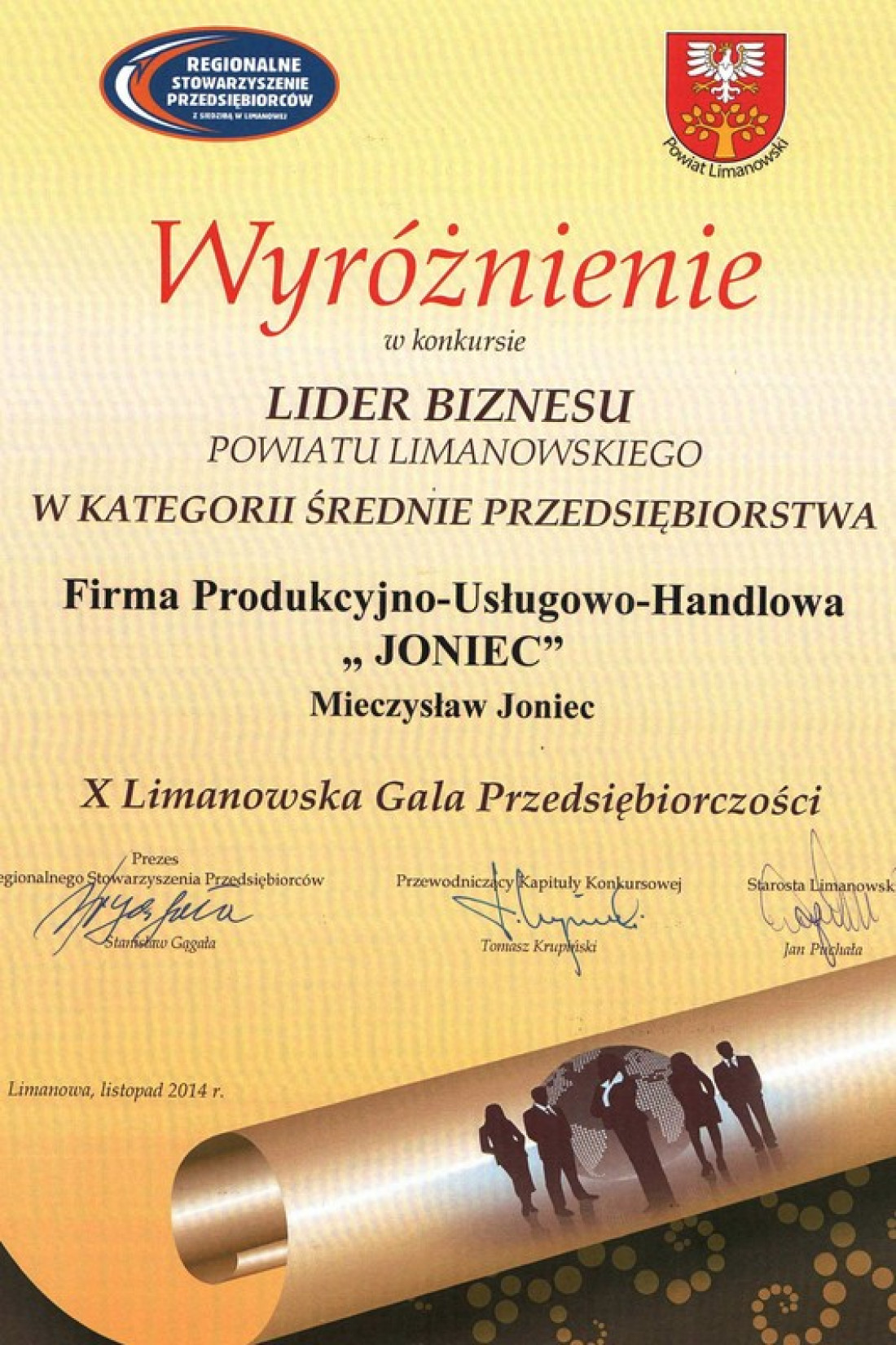 JONIEC wyróżniony w konkursie LIDER BIZNESU Powiatu Limanowskiego