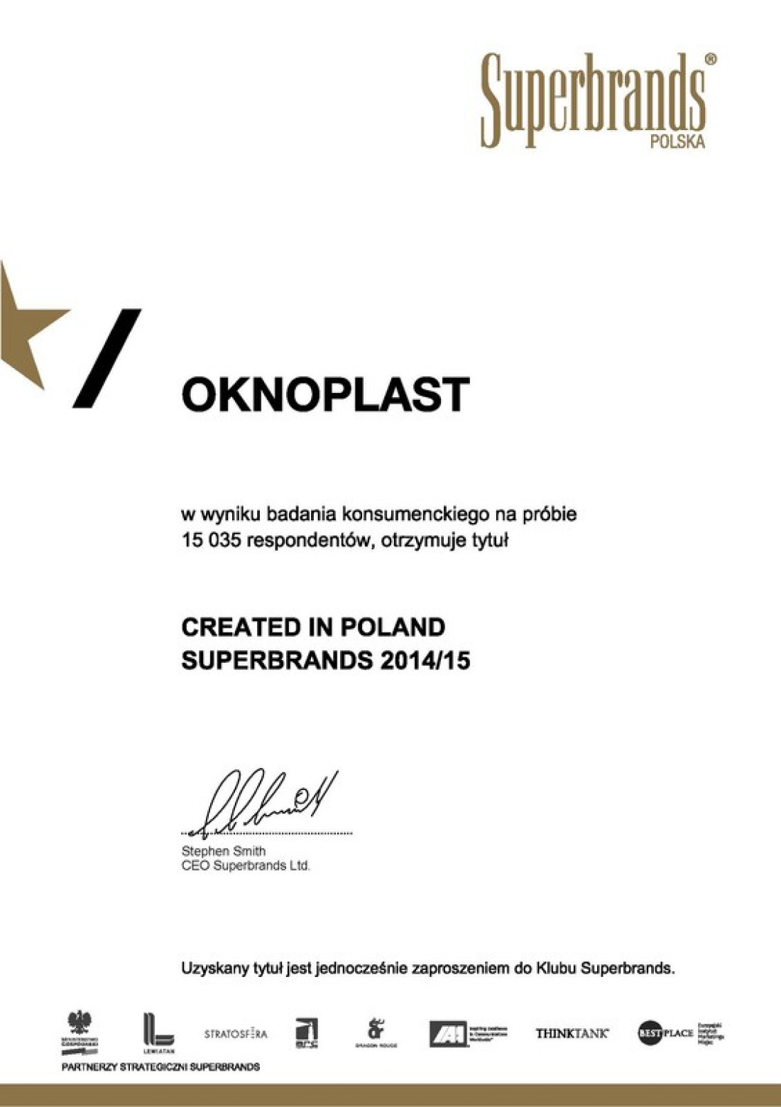 OKNOPLAST  z tytułem Created in Poland Superbrands 2014/15