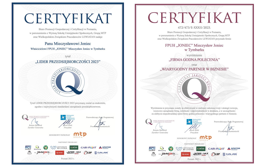 Firma JONIEC® otrzymała certyfikaty jakości BPGIC
