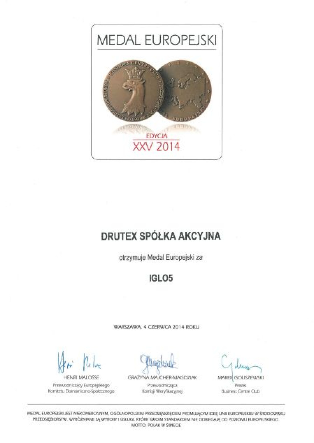 Medal Europejski 2014 dla DRUTEX-u!