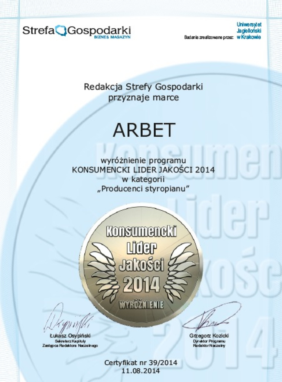 ARBET wyróżniony w konkursie "Konsumencki Lider Jakości 2014"
