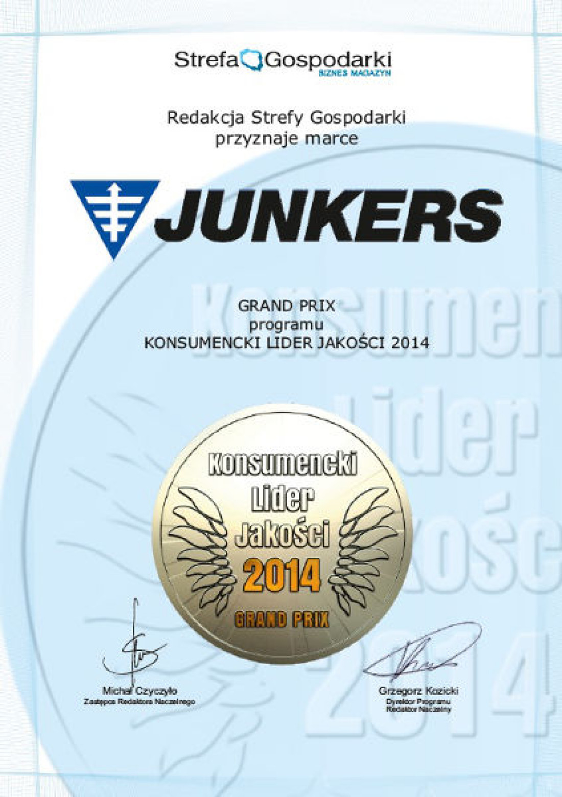 Marka Junkers otrzymała złote godło Konsumencki Lider Jakości 2014