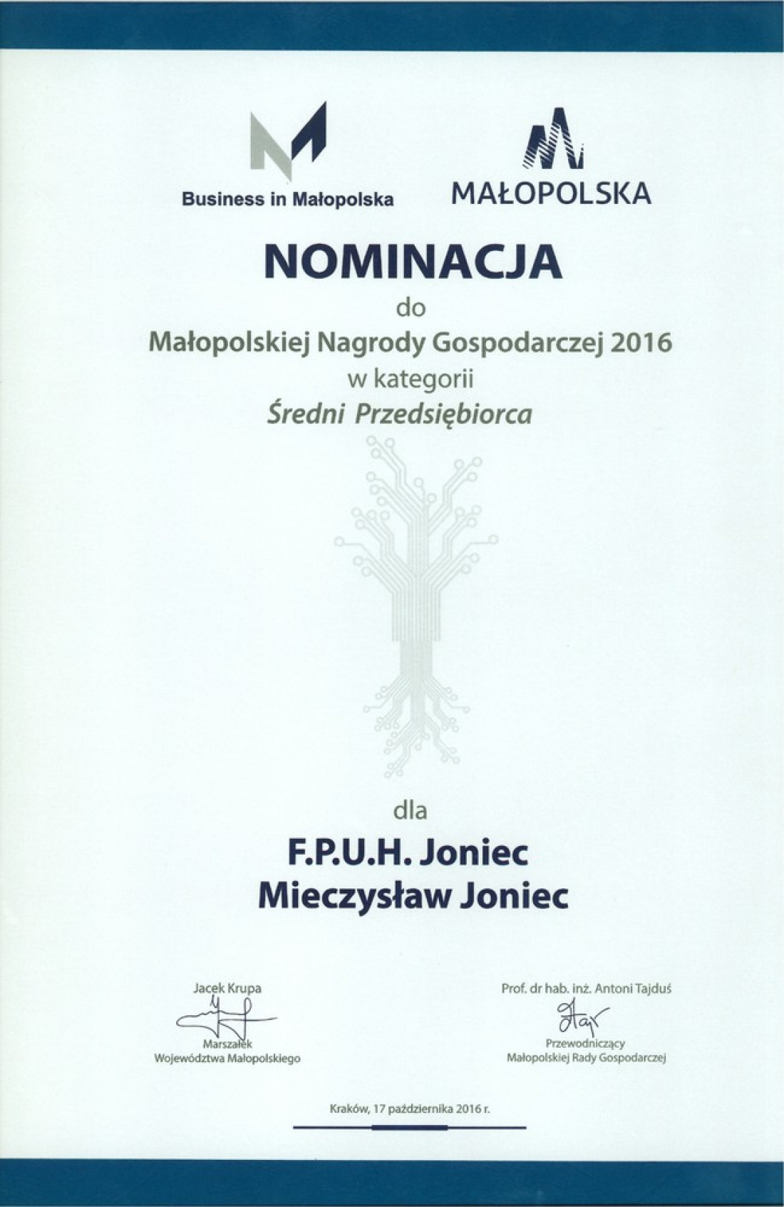JONIEC laureatem Małopolskiej Nagrody Gospodarczej 2016