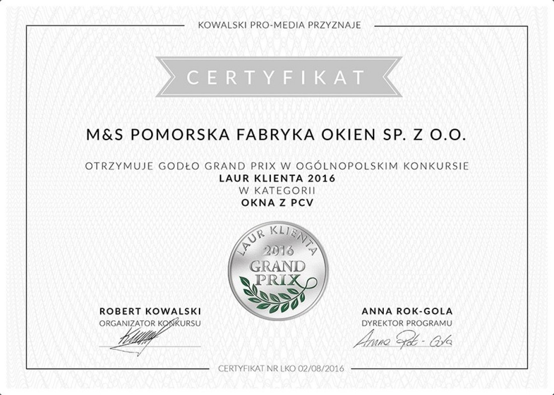 MS więcej niż OKNA wyróżniona w konkursie Laur Klienta 2016!