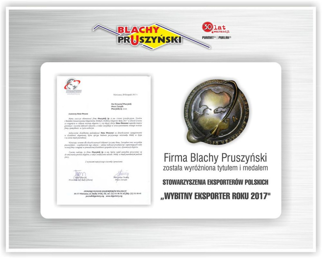 Blachy Pruszyński Wybitnym Eksporterem Roku 2017