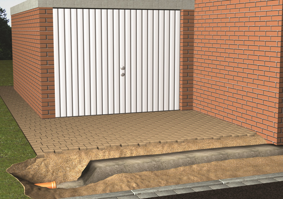 Odwodnienie podjazdu przed garażem - krok 2) Z betonu C12/C15 należy wykonać ławę fundamentową o szerokości ok. 30 cm i wysokości ok. 10 cm